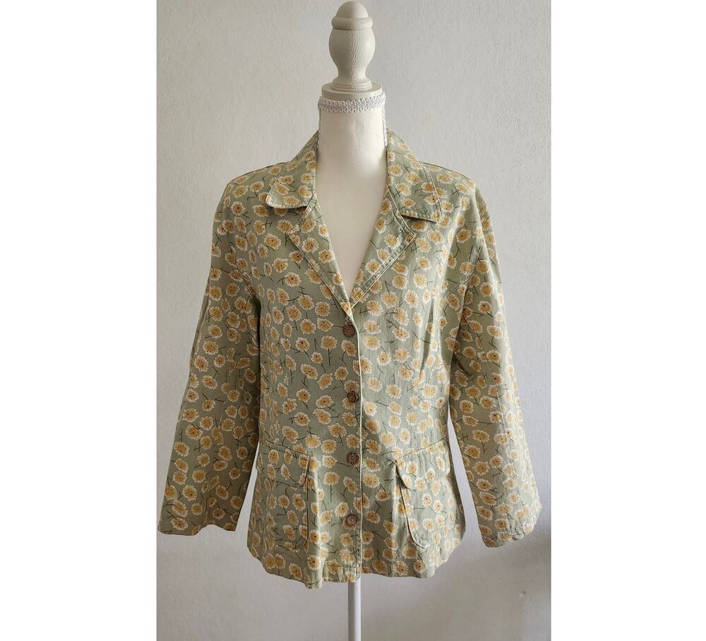 Vintage 90s Capacity Green Floral Blazer Women's Medium Cotton Daisy Pocket